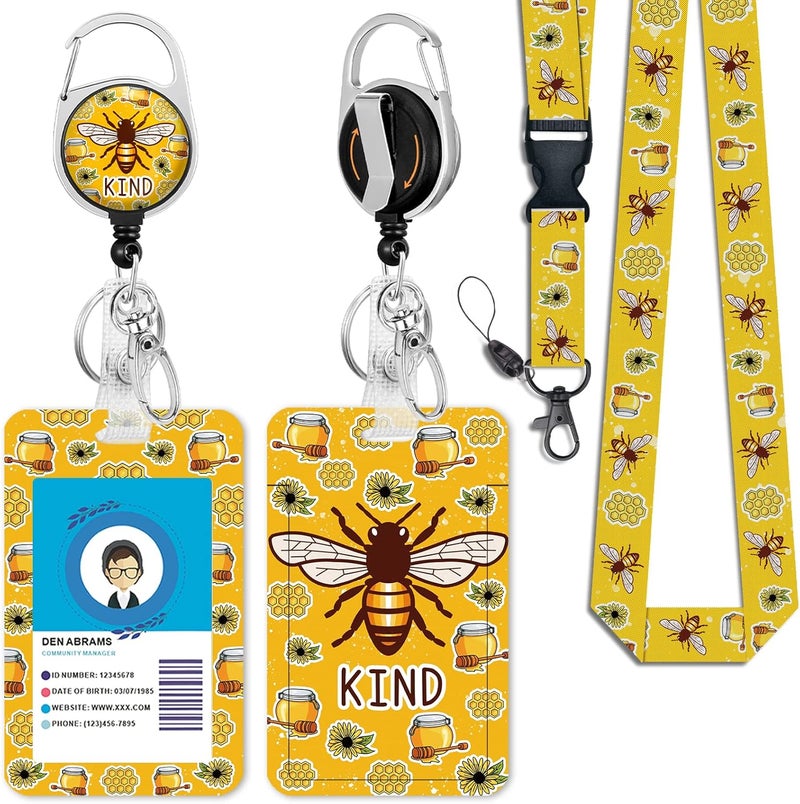 GIANCOMICS Cute Bee Kind Lanyards for Id Badges, Retractable ID Badge Holder with Detachable Lanyard, Fashionable Badge Reel Heavy Duty with 360 Degrees Rotate Carabiner Clip, Nurse Teacher Office Gifts - Image 1